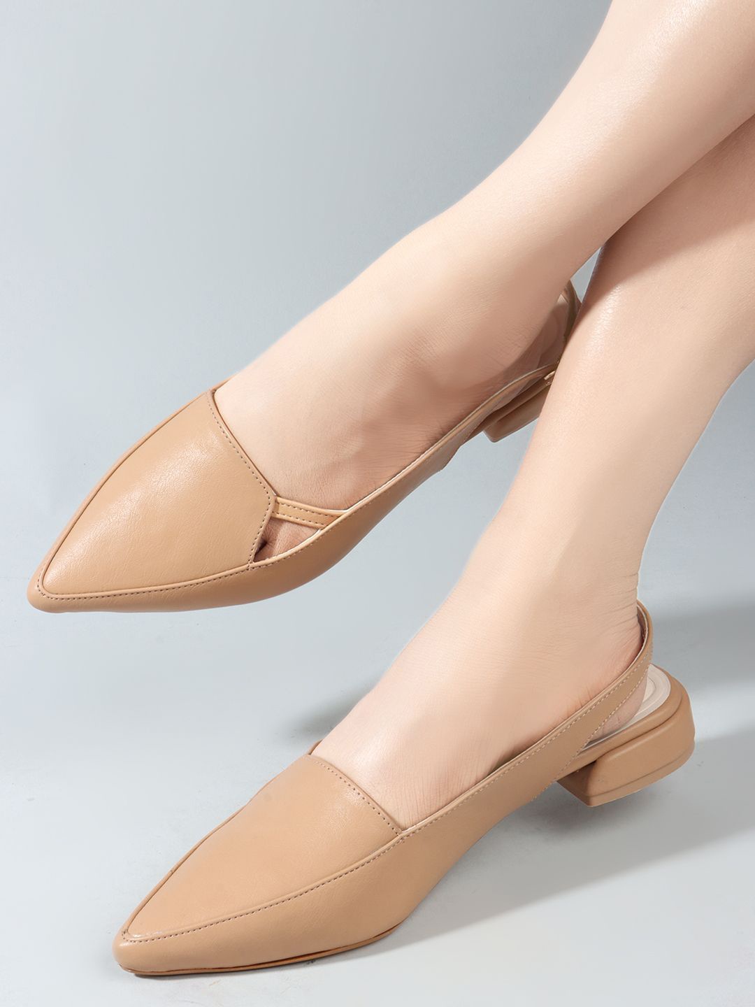 

ELLE Pointed Toe Backstrap Block Heels Mules, Rose gold