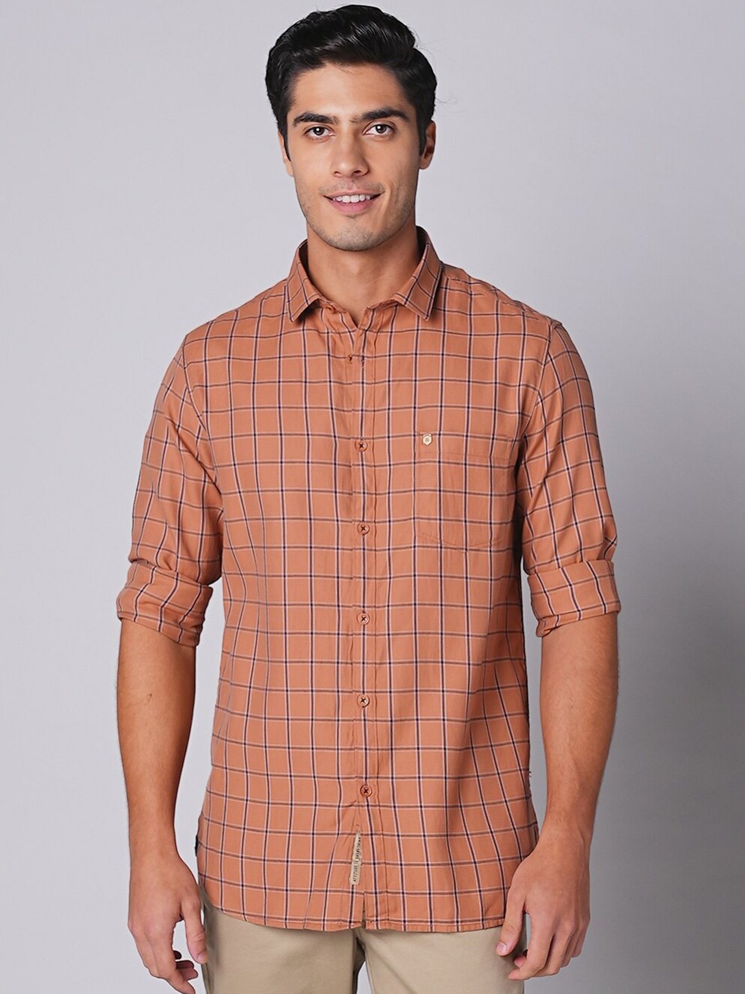 

Oxemberg Men Spread Collar Slim Fit Checked Casual Shirt, Peach