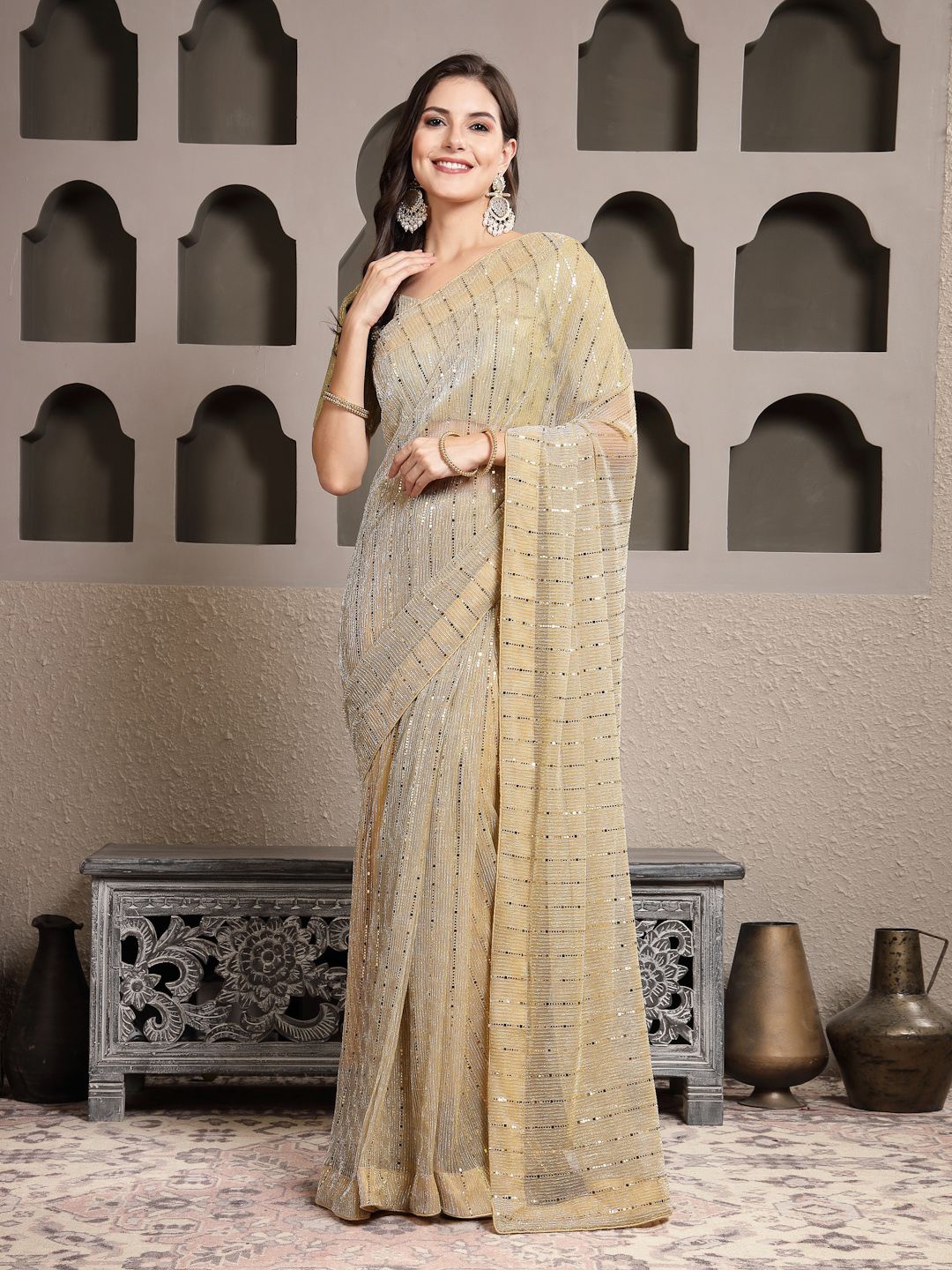 

Stylum Embellished Sequinned Saree, Gold