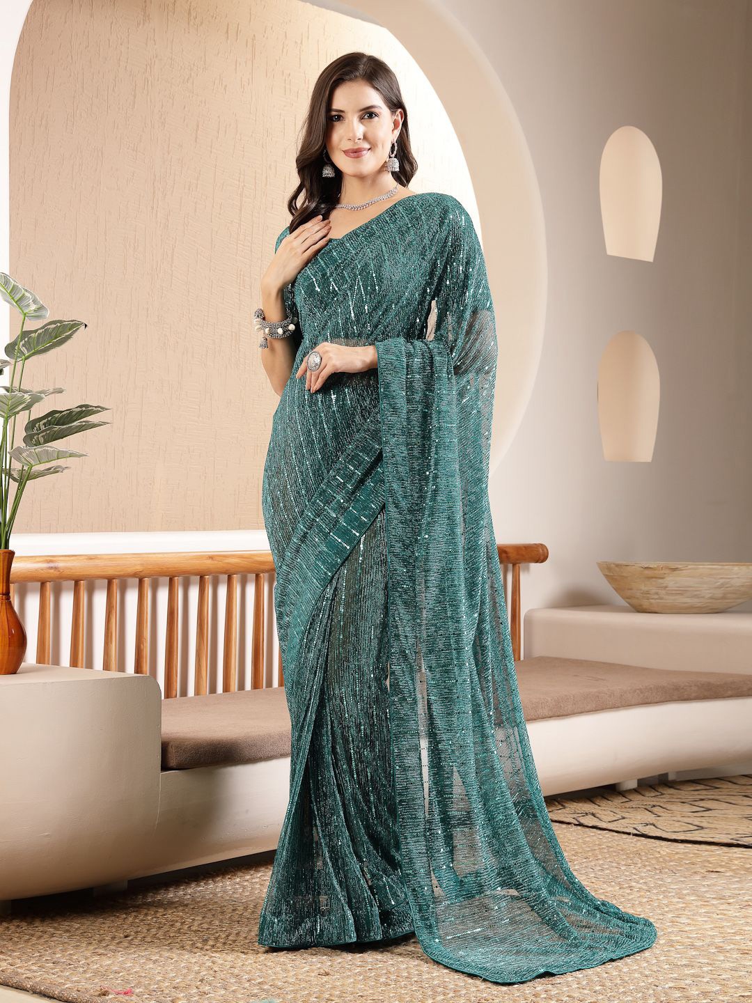 

Stylum Embellished Sequinned Saree, Green