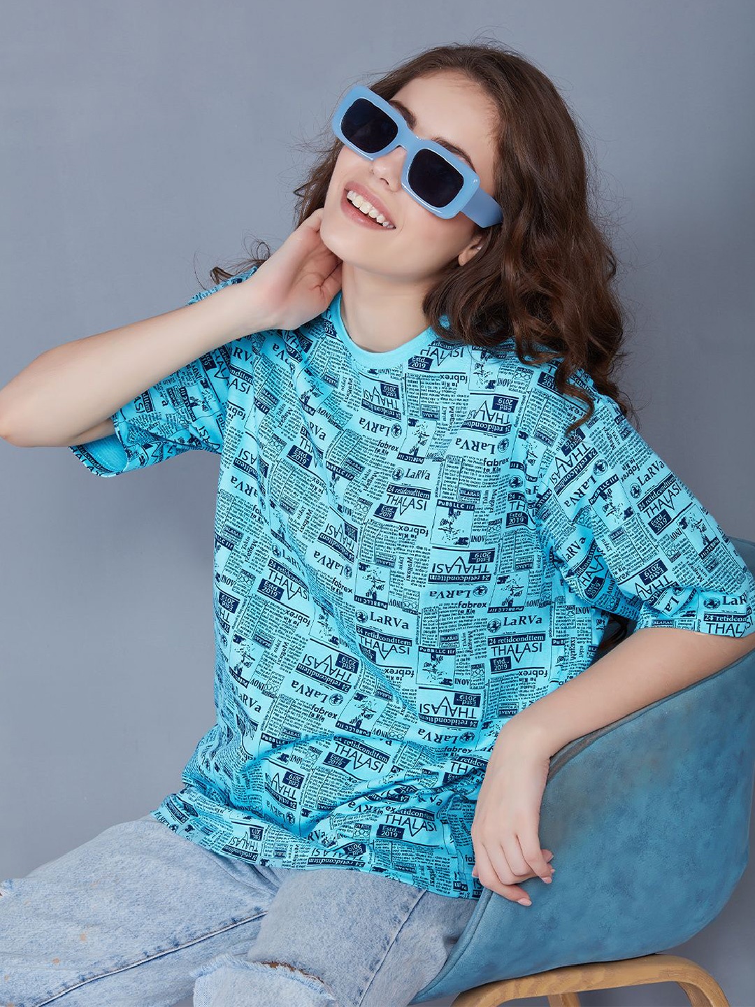 

THALASI Women Typography Printed Round Neck Oversized T-shirt, Blue