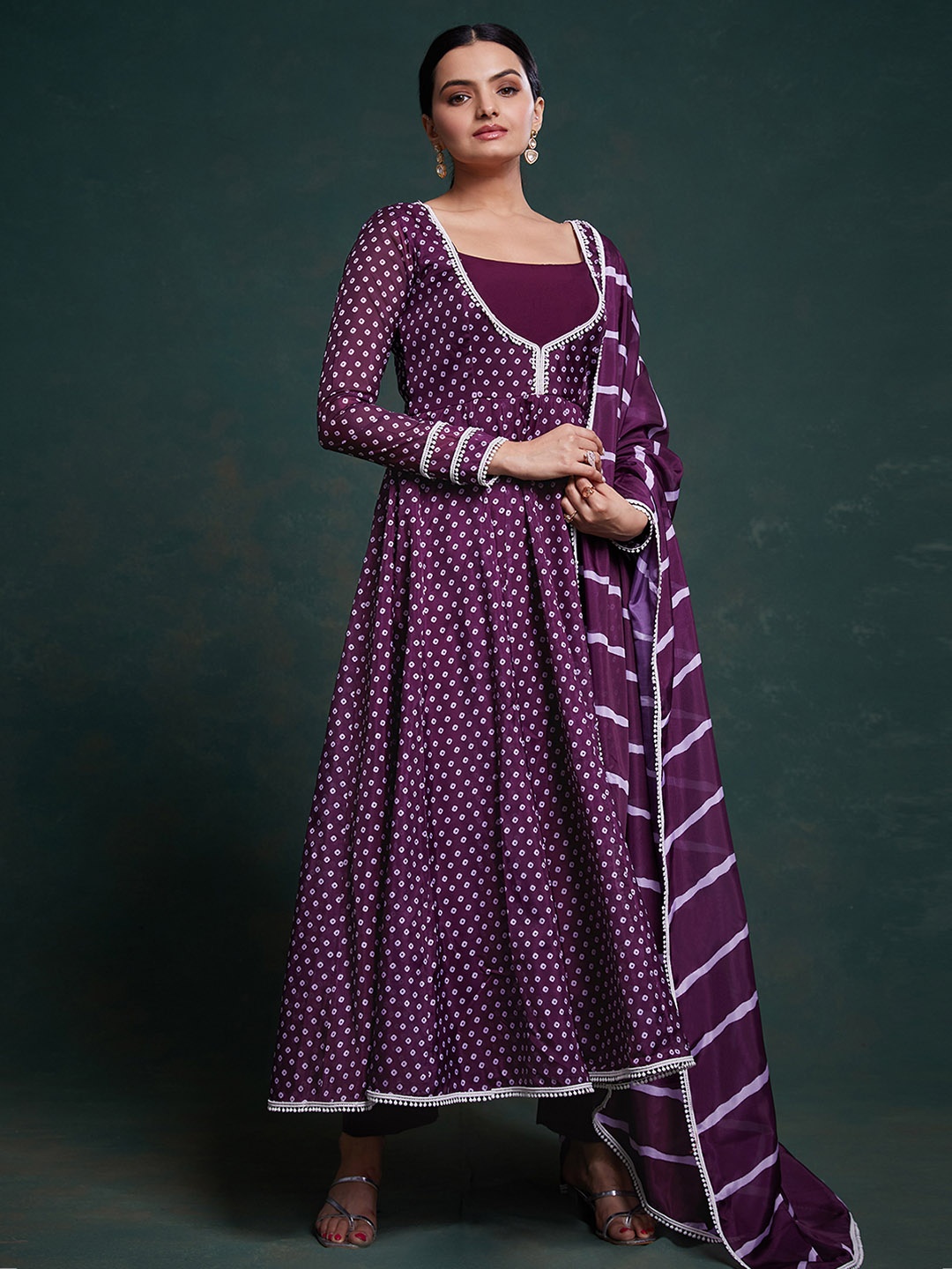 

ODETTE Bandhani Printed Organza Anarkali Kurta With Trouser & Dupatta, Purple