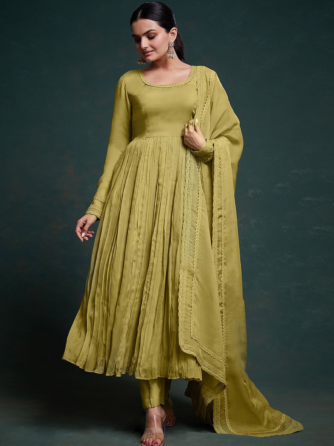 

ODETTE Round Neck Organza Anarkali Kurta with Pyjamas & Dupatta, Green