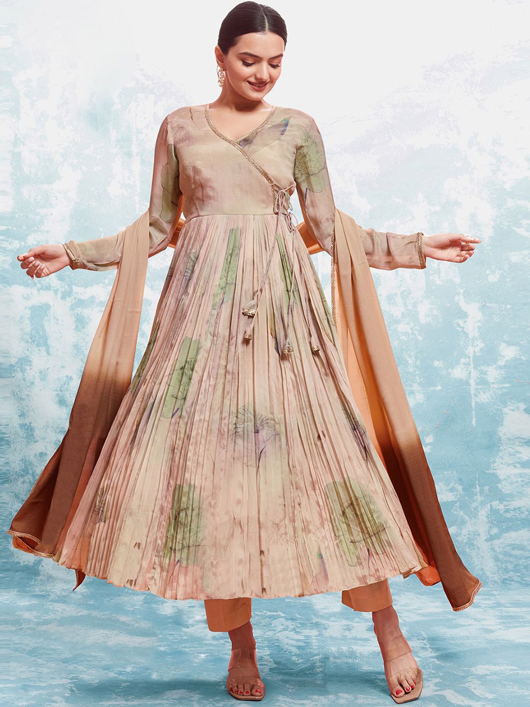 

ODETTE Floral Printed V-Neck Anarkali Kurta With Trousers & Dupatta, Beige