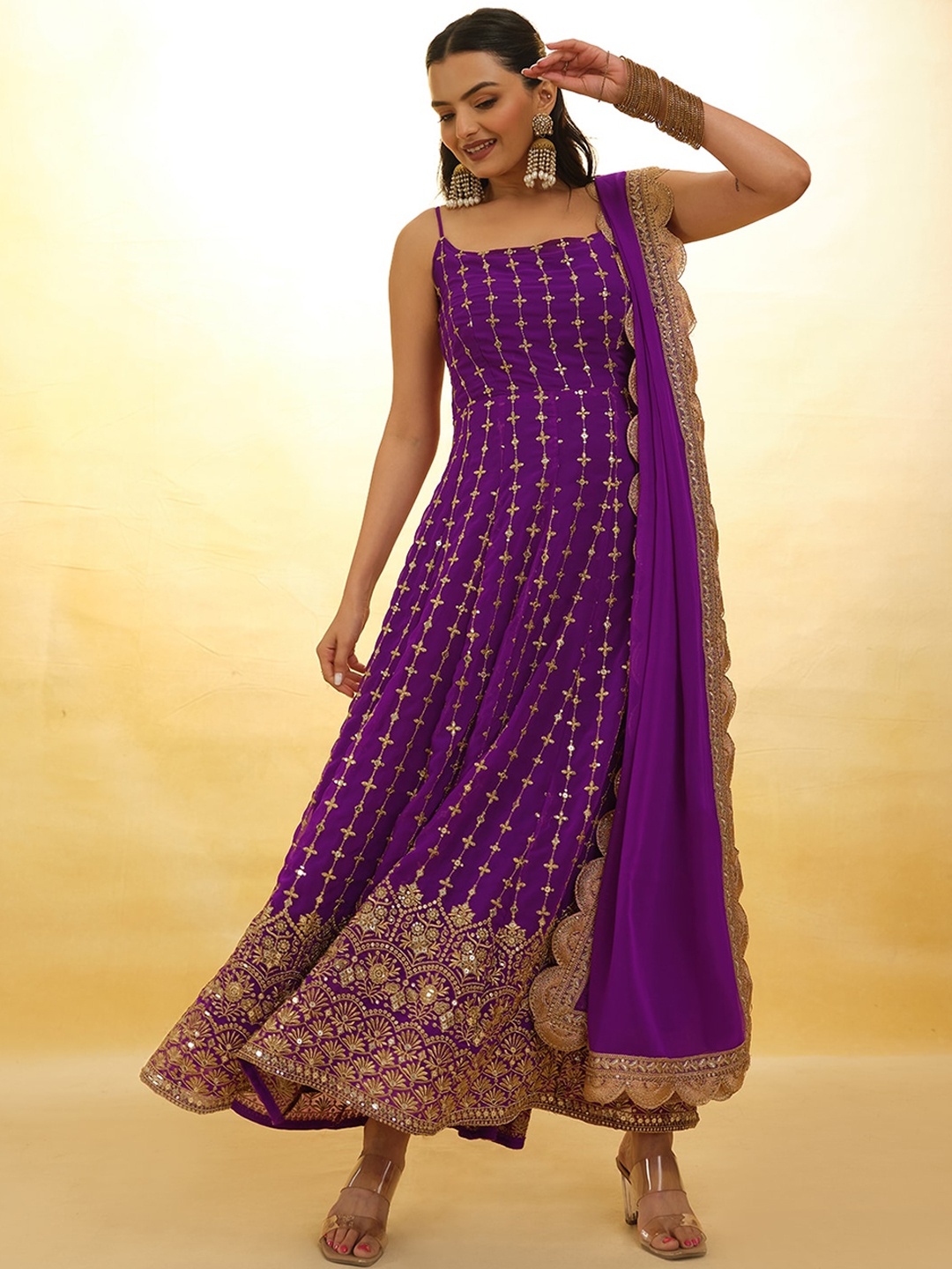 

ODETTE Floral Embroidered Shoulder Straps Sequinned Anarkali Kurta With Salwar & Dupatta, Purple
