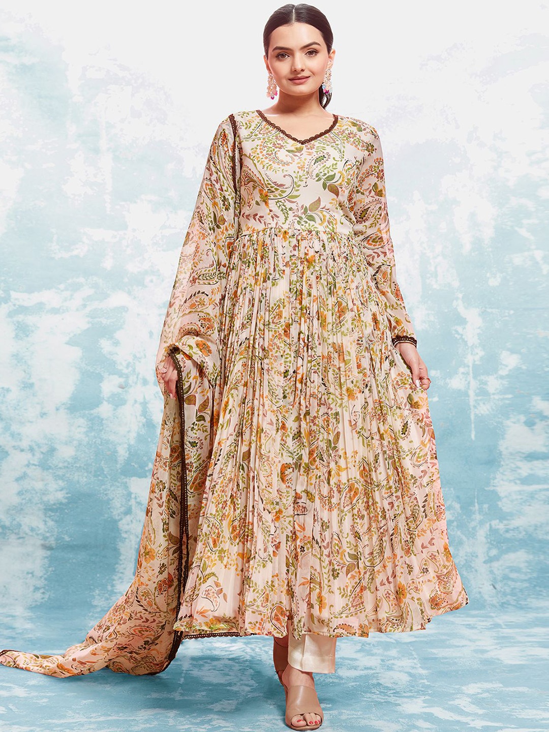 

ODETTE Floral Printed V-Neck Kurta With Pyjamas & Dupatta, Beige