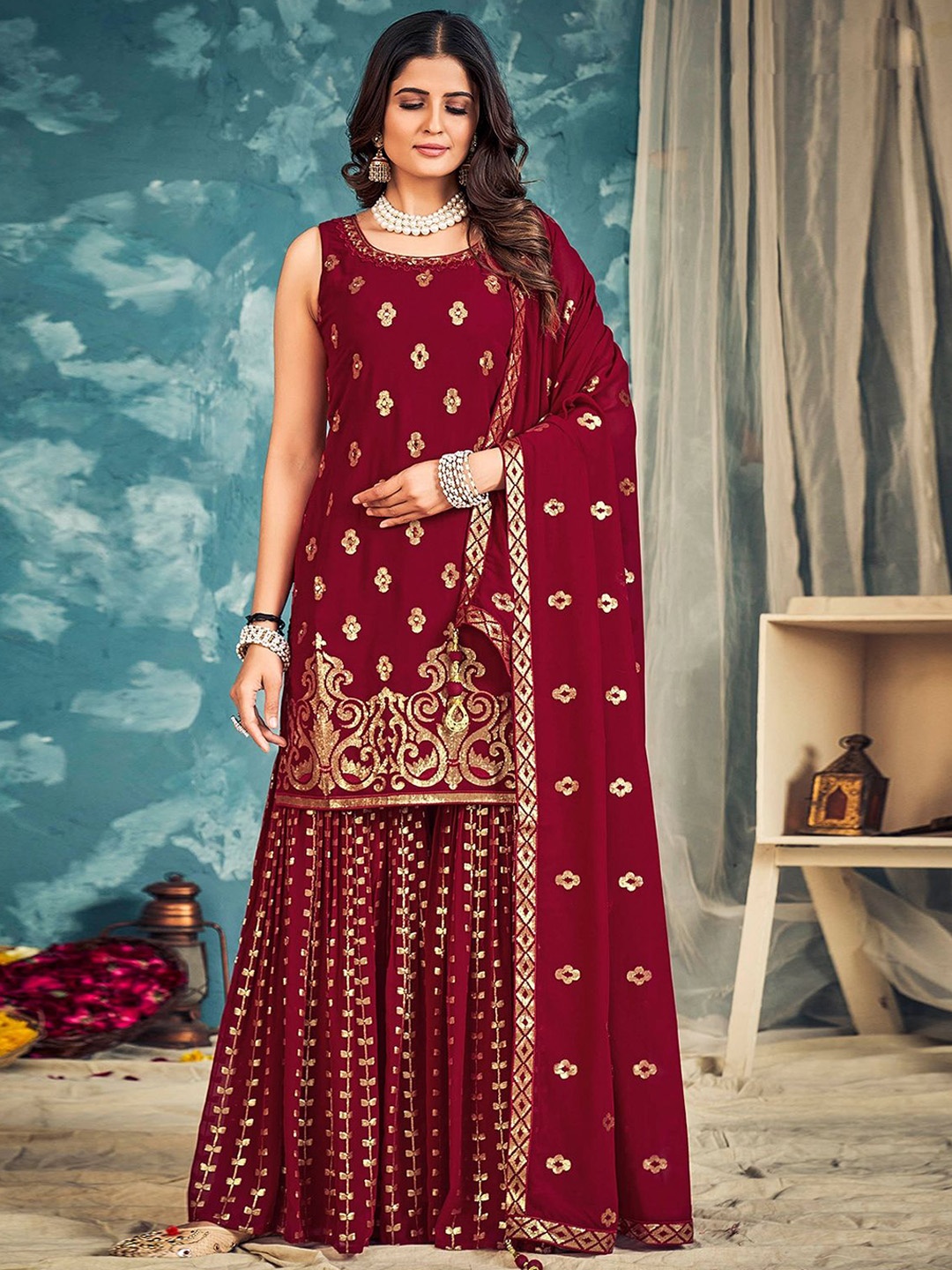 ODETTE Floral Embroidered Round Neck Straight Kurta with Salwar & Dupatta, Red