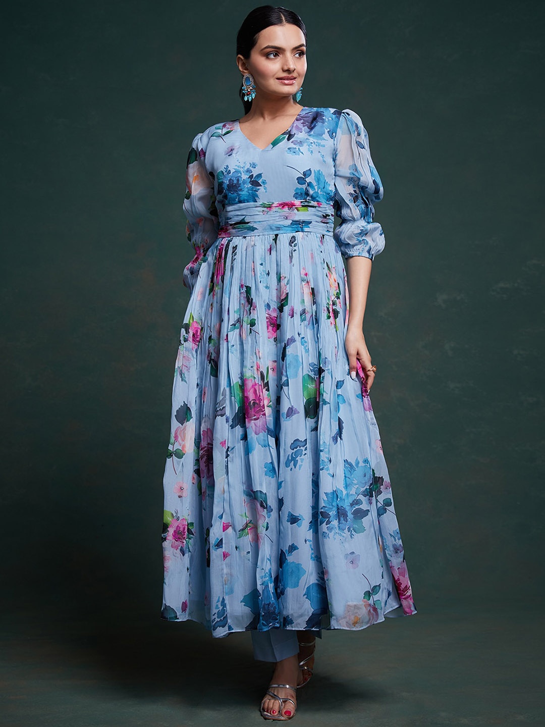 

ODETTE Floral Printed Organza Empire Anarkali Kurta With Trouser, Blue