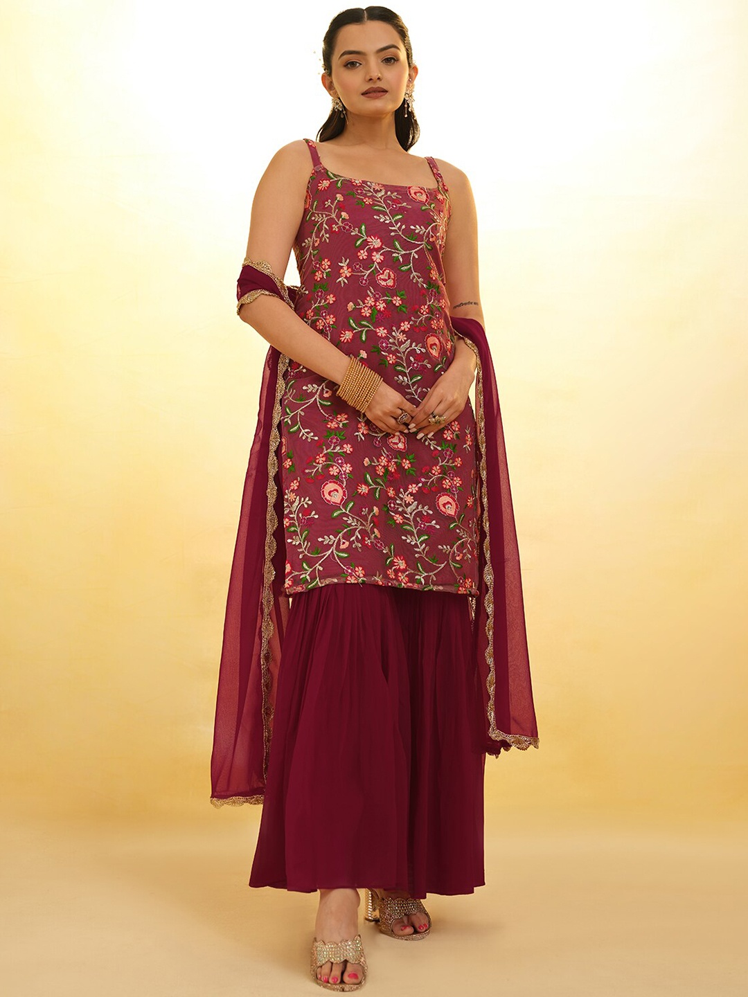 

ODETTE Floral Embroidered Shoulder Straps Net Straight Kurti With Sharara & Dupatta, Magenta