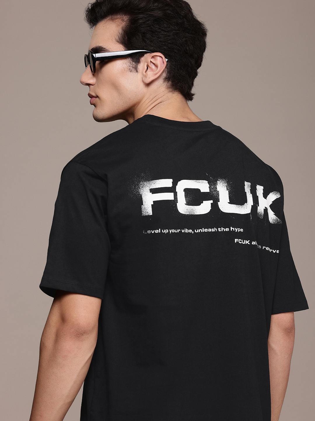 

French Connection Pure Cotton Typography Printed Drop-Shoulder Sleeves Relaxed T-shirt, Black