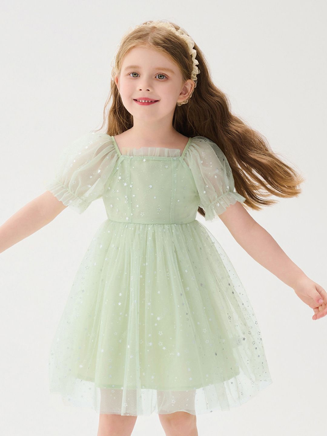 

INCLUD Embellished Puff Sleeve Fit & Flare Dress, Green