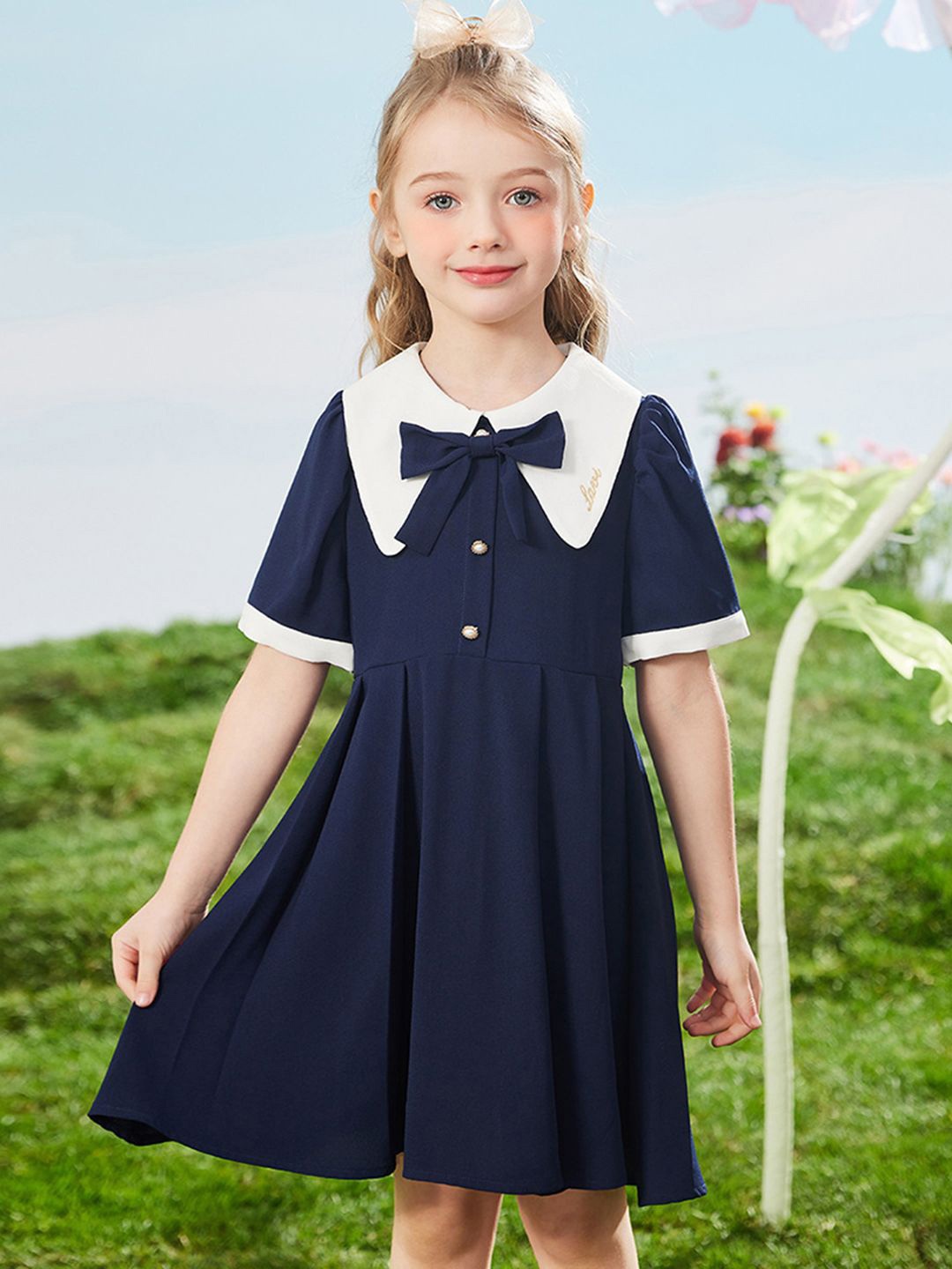 

INCLUD Peter Pan Collar Short Sleeves Drop-Waist Dress, Blue