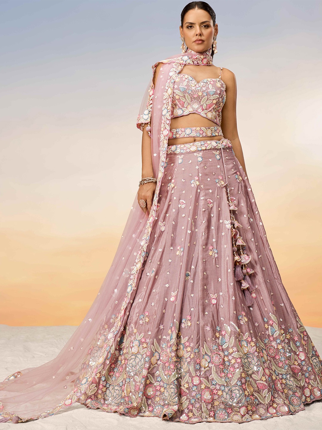 

panchhi Embroidered Sequinned Semi-Stitched Lehenga & Unstitched Blouse With Dupatta, Rose gold