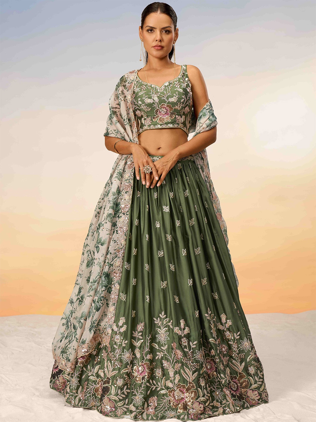 

panchhi Embroidered Sequinned Semi-Stitched Lehenga & Unstitched Blouse With Dupatta, Olive