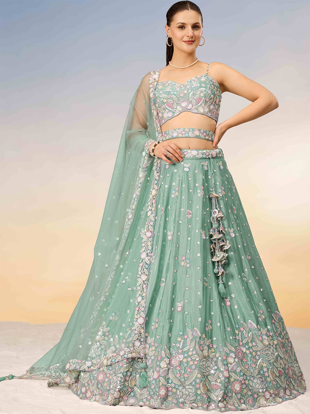 

panchhi Embroidered Sequinned Semi-Stitched Lehenga & Unstitched Blouse With Dupatta, Sea green