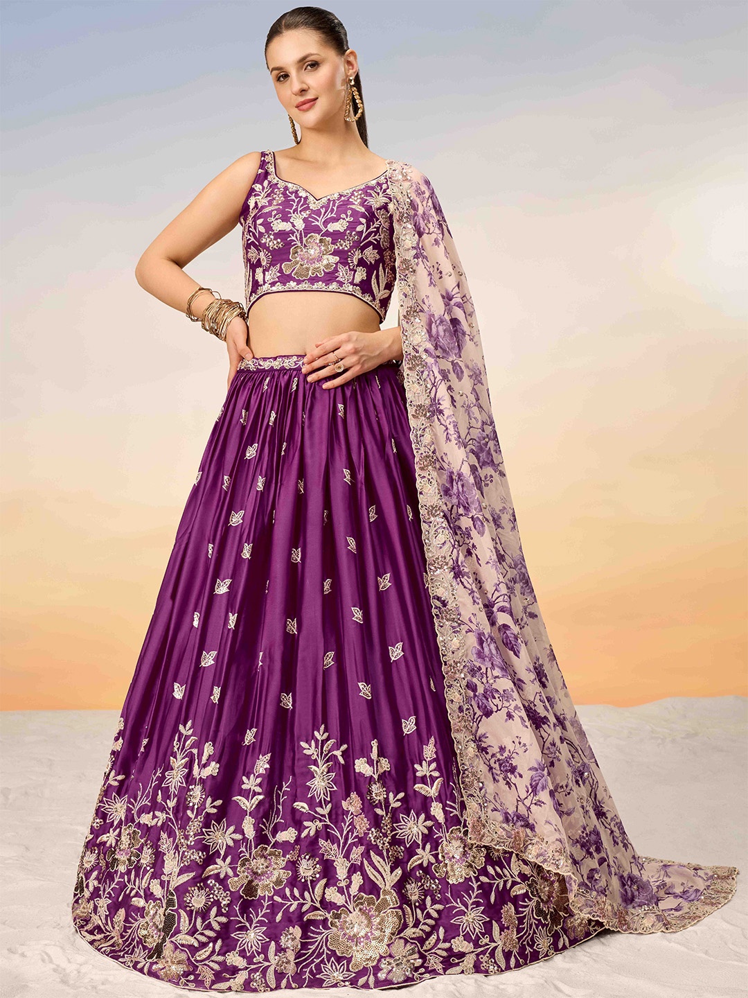 

panchhi Embroidered Sequinned Semi-Stitched Lehenga & Unstitched Blouse With Dupatta, Burgundy