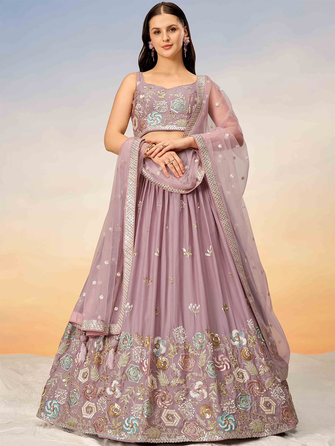 

panchhi Embroidered Sequinned Semi-Stitched Lehenga & Unstitched Blouse With Dupatta, Mauve
