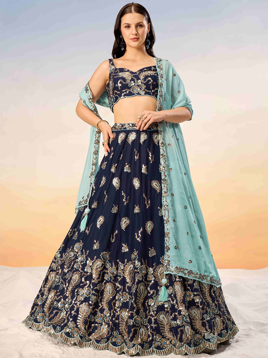 

panchhi Embroidered Sequinned Semi-Stitched Lehenga & Unstitched Blouse With Dupatta, Navy blue