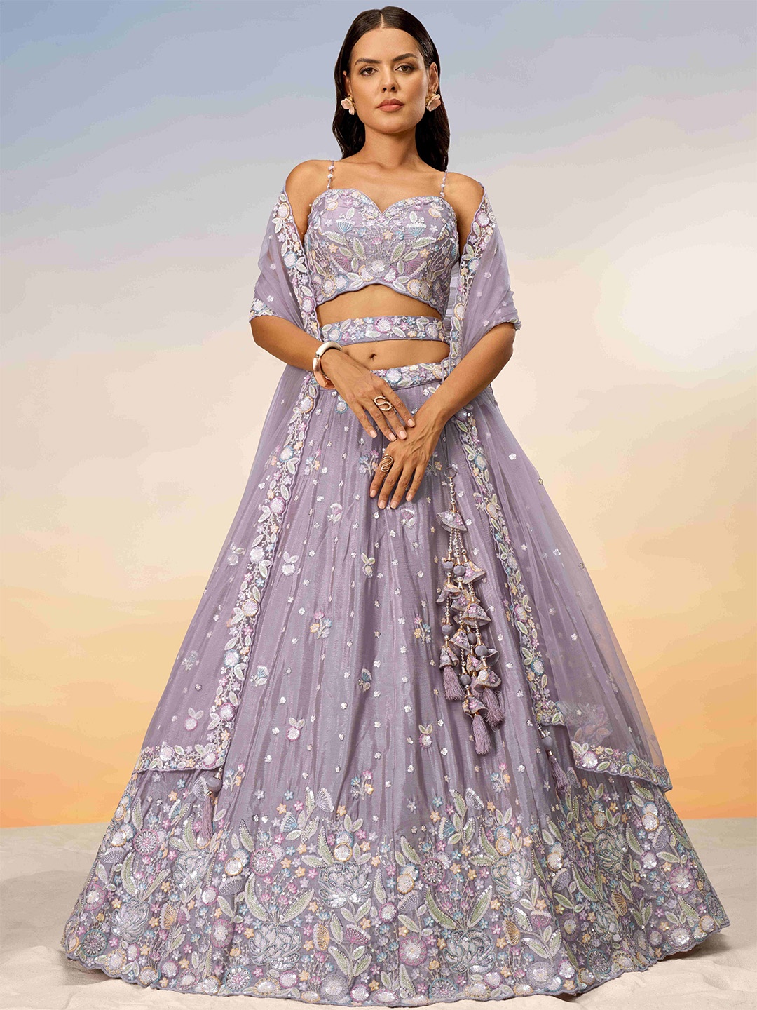 

panchhi Embroidered Sequinned Semi-Stitched Lehenga & Unstitched Blouse With Dupatta, Mauve