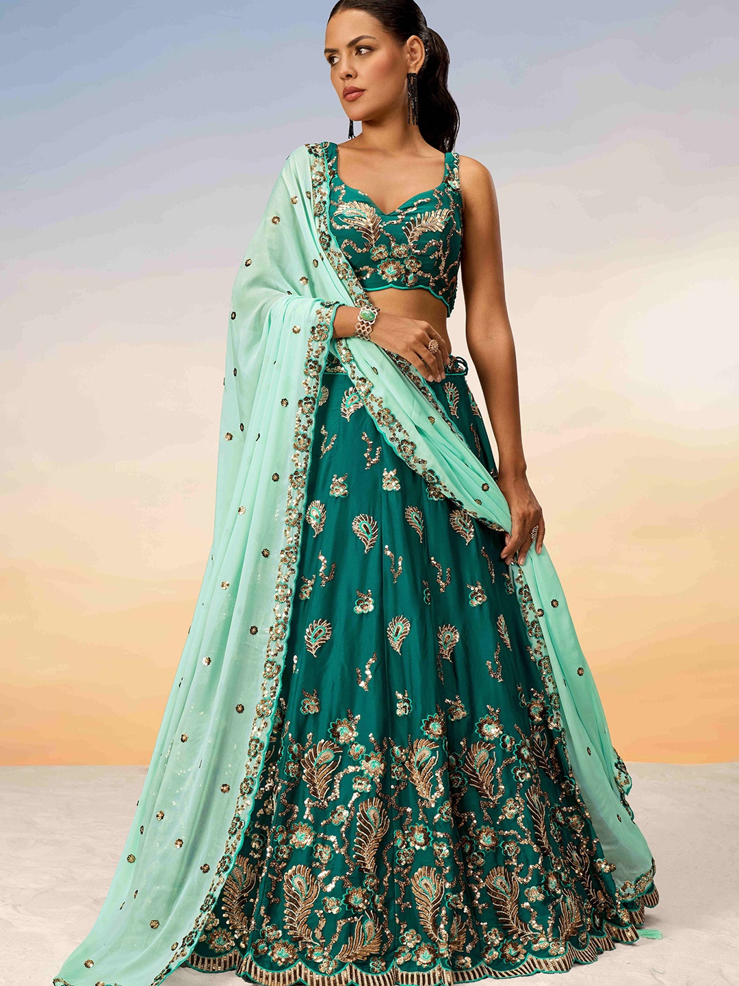 

panchhi Embroidered Sequinned Semi-Stitched Lehenga & Unstitched Blouse With Dupatta, Green