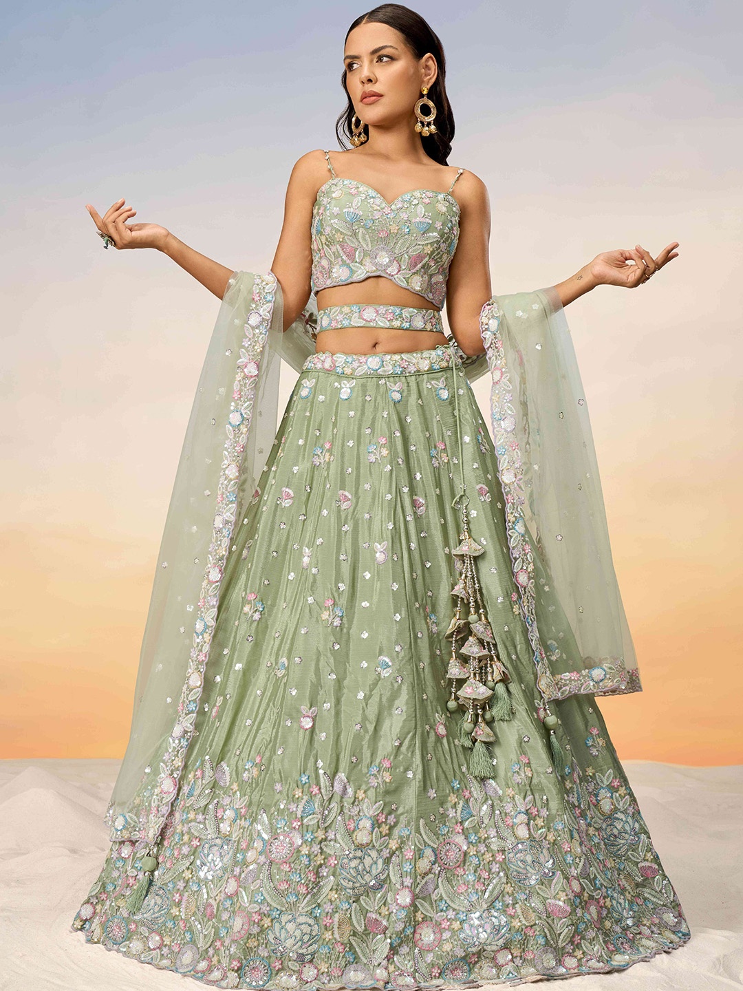 

panchhi Embroidered Sequinned Semi-Stitched Lehenga & Unstitched Blouse With Dupatta, Lime green