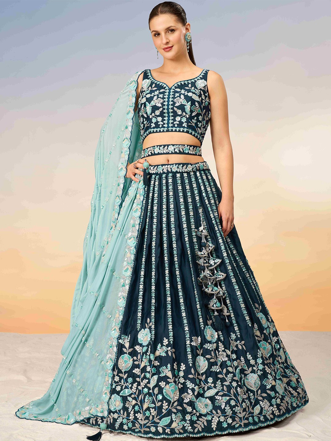 

panchhi Embroidered Sequinned Semi-Stitched Lehenga & Unstitched Blouse With Dupatta, Teal