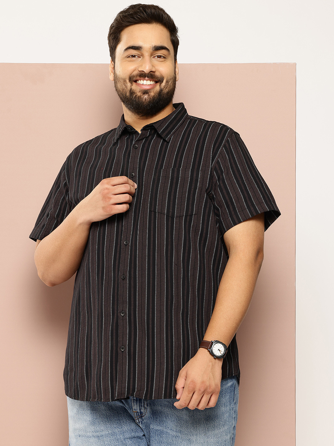 

Sztori Men Plus Size Striped Casual Shirt, Coffee brown