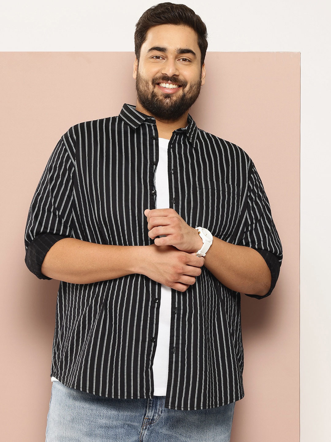 

Sztori Men Plus Size Striped Casual Shirt, Black