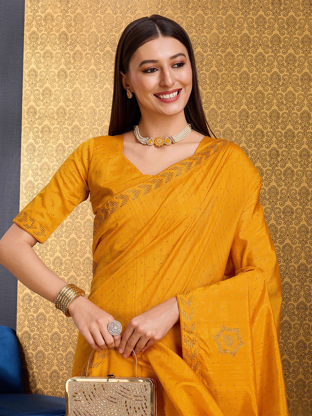

DOI MOI Embellished Beads and Stones Tussar Saree, Orange