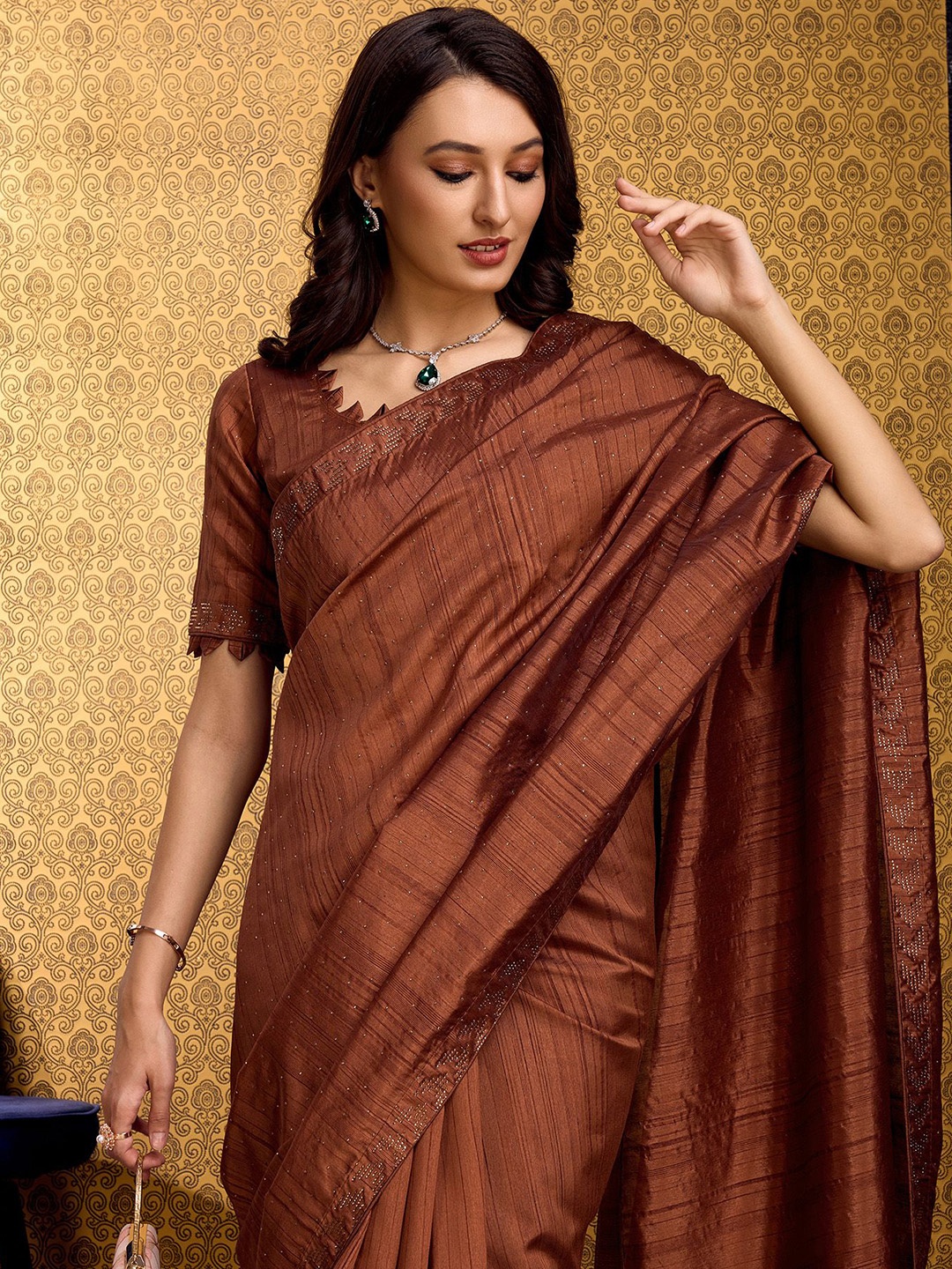 

DOI MOI Embellished Beads and Stones Tussar Saree, Brown