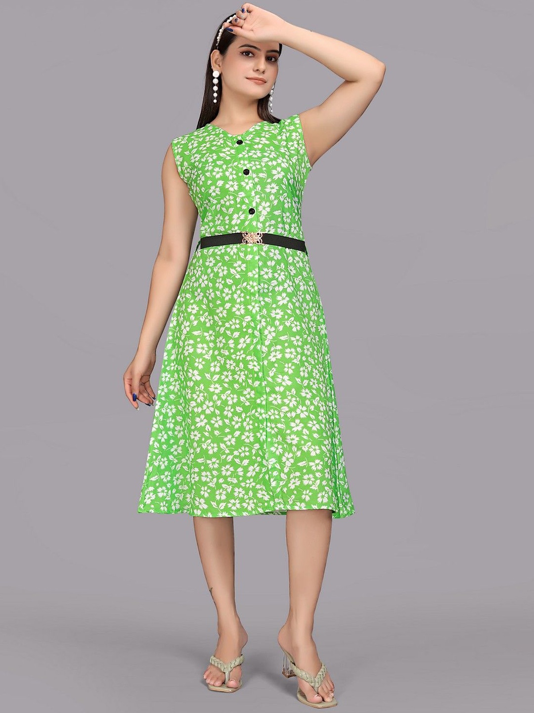 

PARNAVI Floral Print A-Line Midi Dress, Green