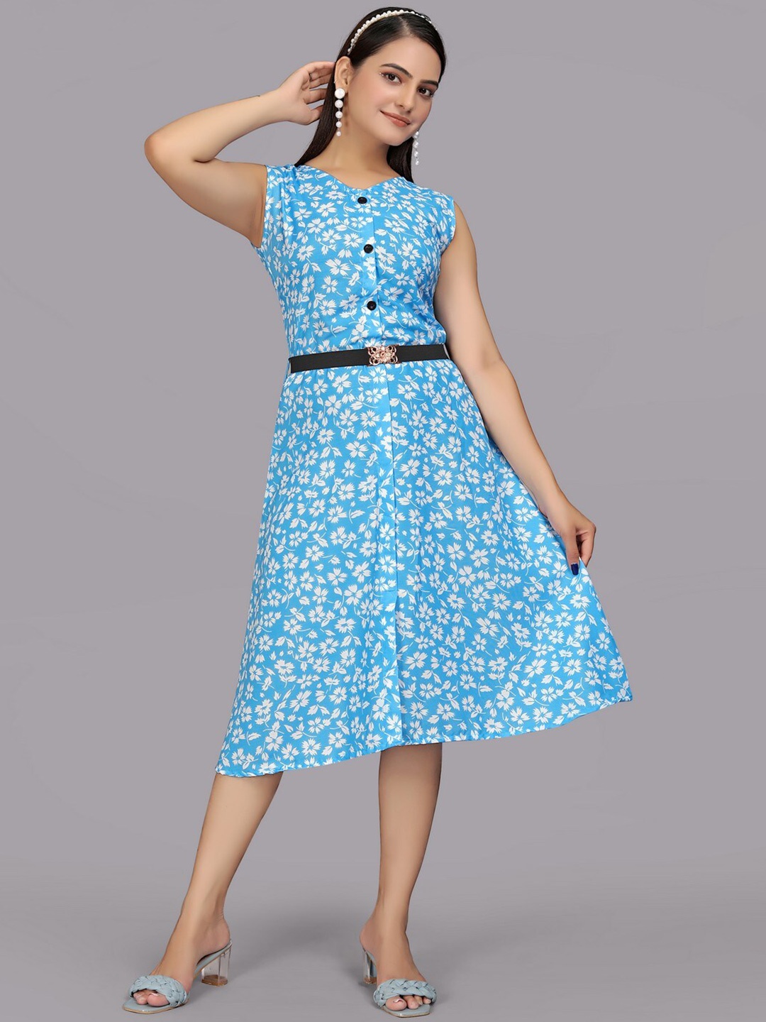 

PARNAVI Floral Print A-Line Midi Dress, Blue