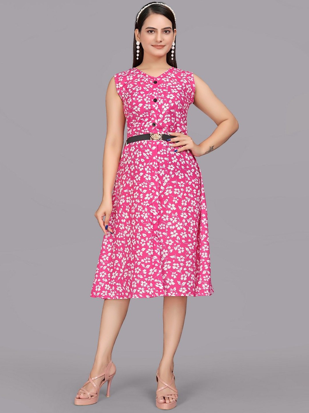 

PARNAVI Floral Print A-line Dress, Pink