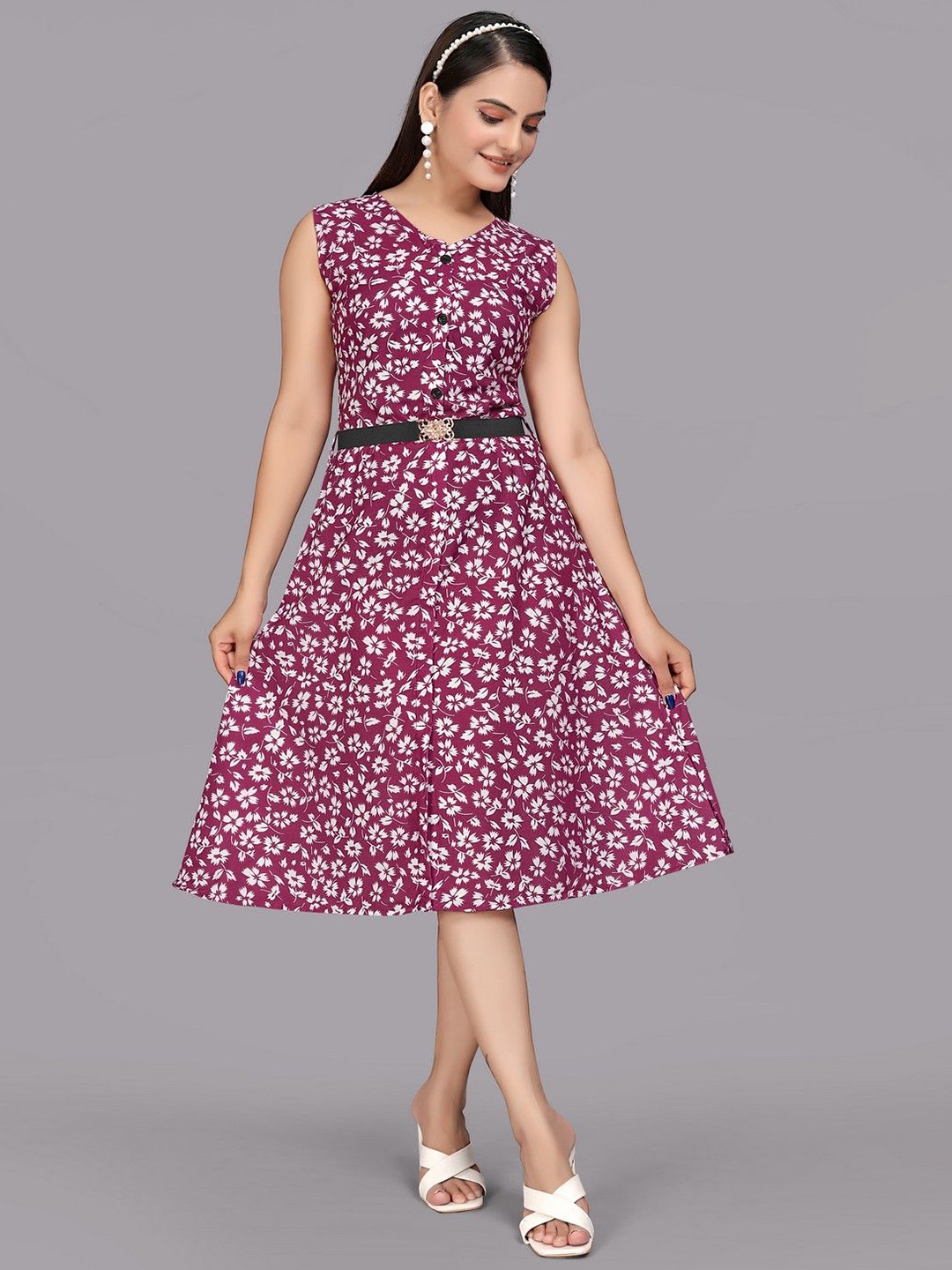 

PARNAVI Floral Print A-Line Midi Dress, Purple