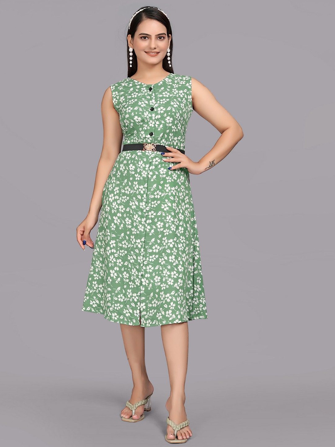 

PARNAVI Floral Print A-Line Midi Dress, Green