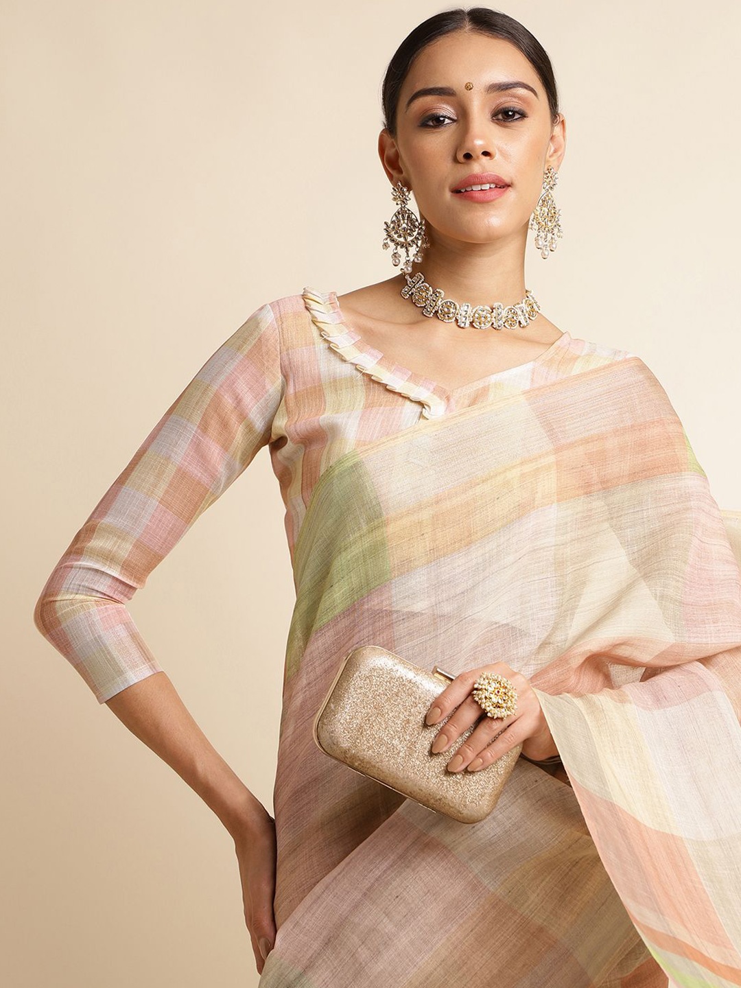 

DOI MOI Colourblocked Pure Linen Chettinad Saree, Orange