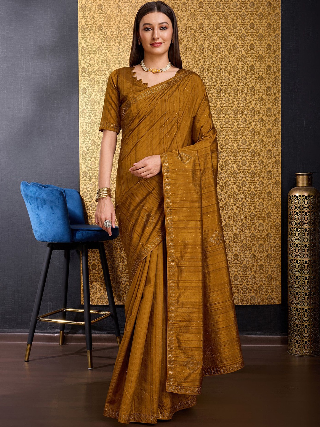 

DOI MOI Embellished Beads and Stones Tussar Saree, Brown