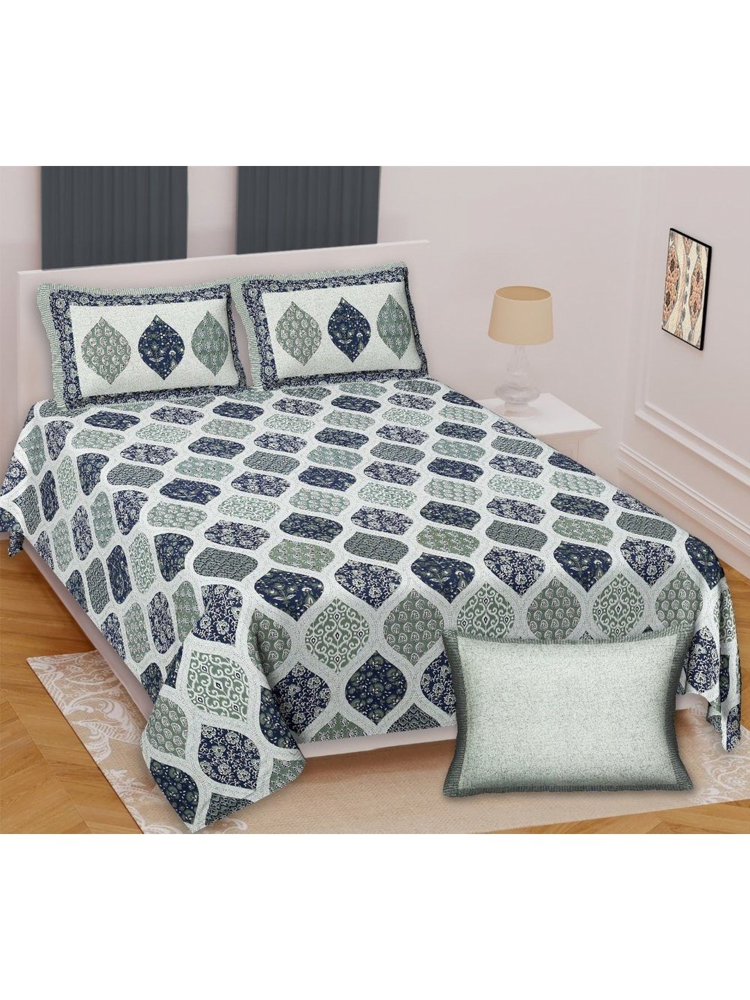 

Urban Jaipur Ajrakh Collection Blue Printed Cotton 200 TC King Bedsheet & 2 Pillow Covers
