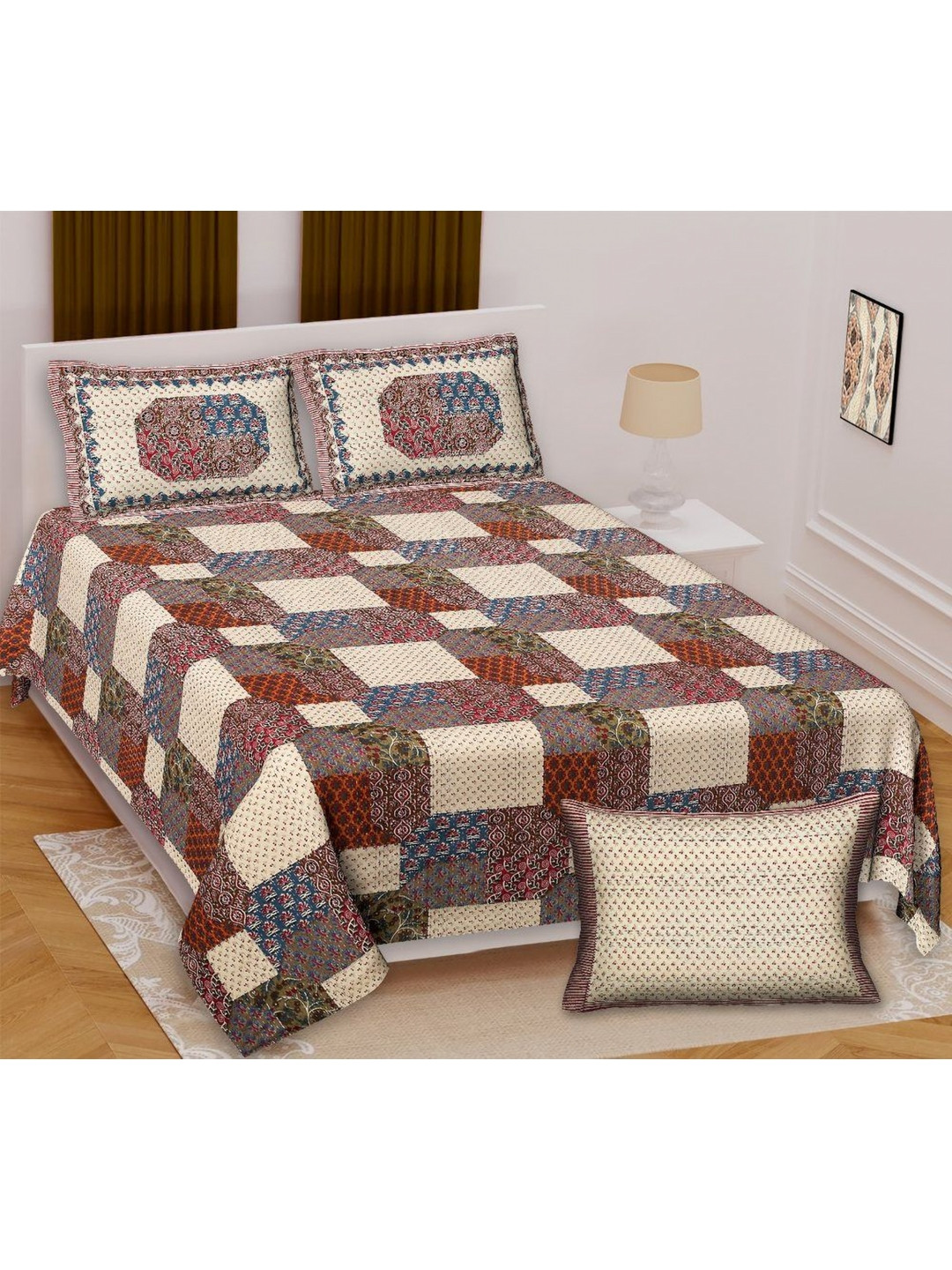 

Urban Jaipur Ajrakh Collection Red Geometric Cotton 200 TC King Bedsheet & 2 Pillow Covers