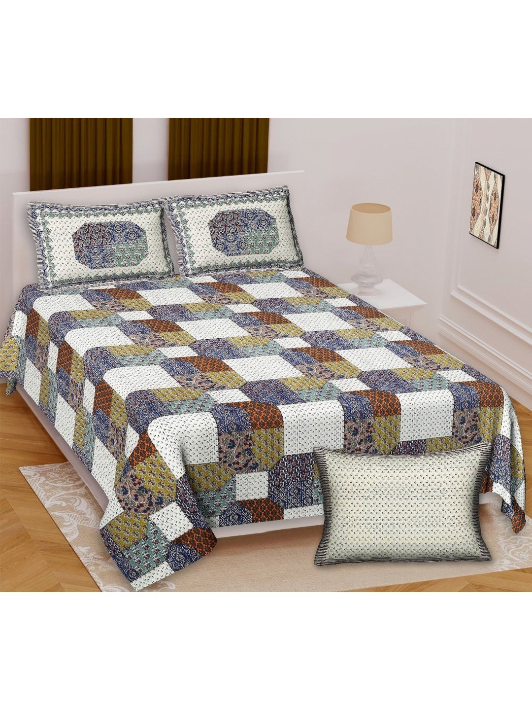 

Urban Jaipur Ajrakh Blue Geometric Cotton 200 TC King Bedsheet with 2 Pillow Covers