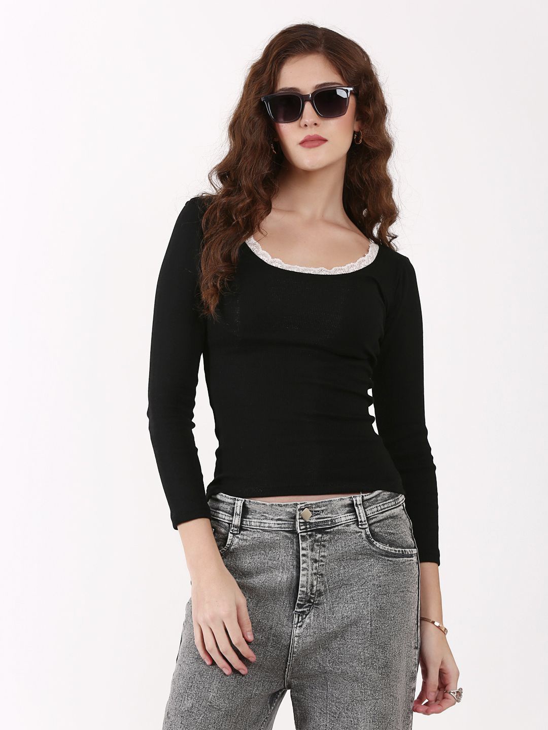 

SIGHTBOMB Solid Monochrome Scoop Neck Crop Top, Black