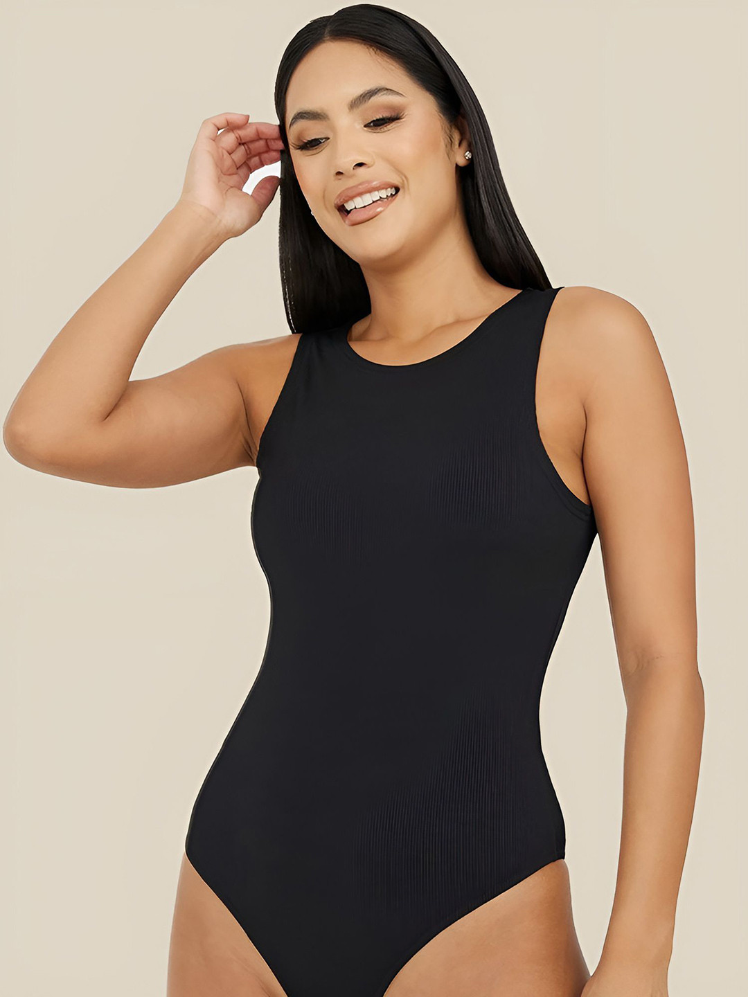 

Bellofox Round Neck Solid Sleeveless Bodysuit, Black