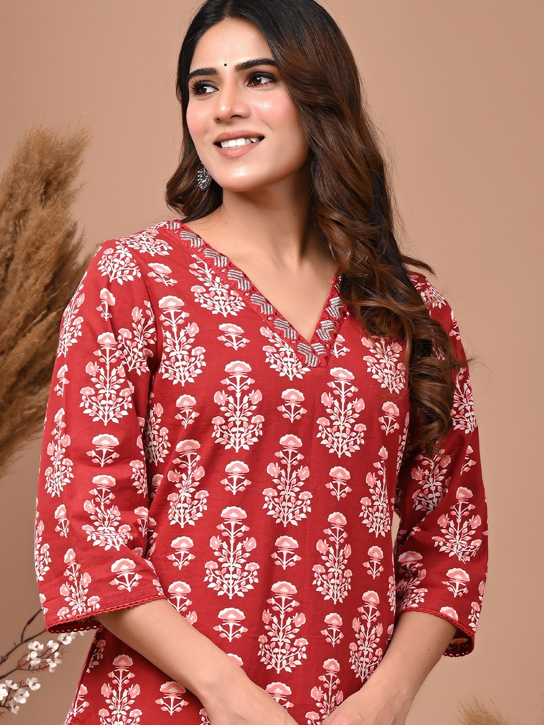 

Rimeline Floral Printed Pure Cotton A-Line Kurta, Maroon