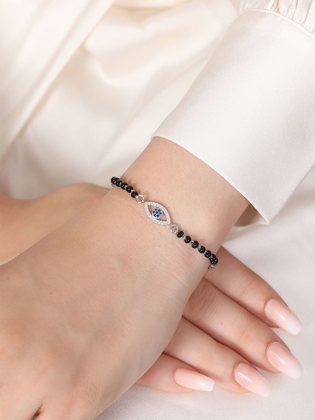 

Zavya Rhodium-Plated Stone-Studded & Beaded 925 Pure Silver Link Bracelet