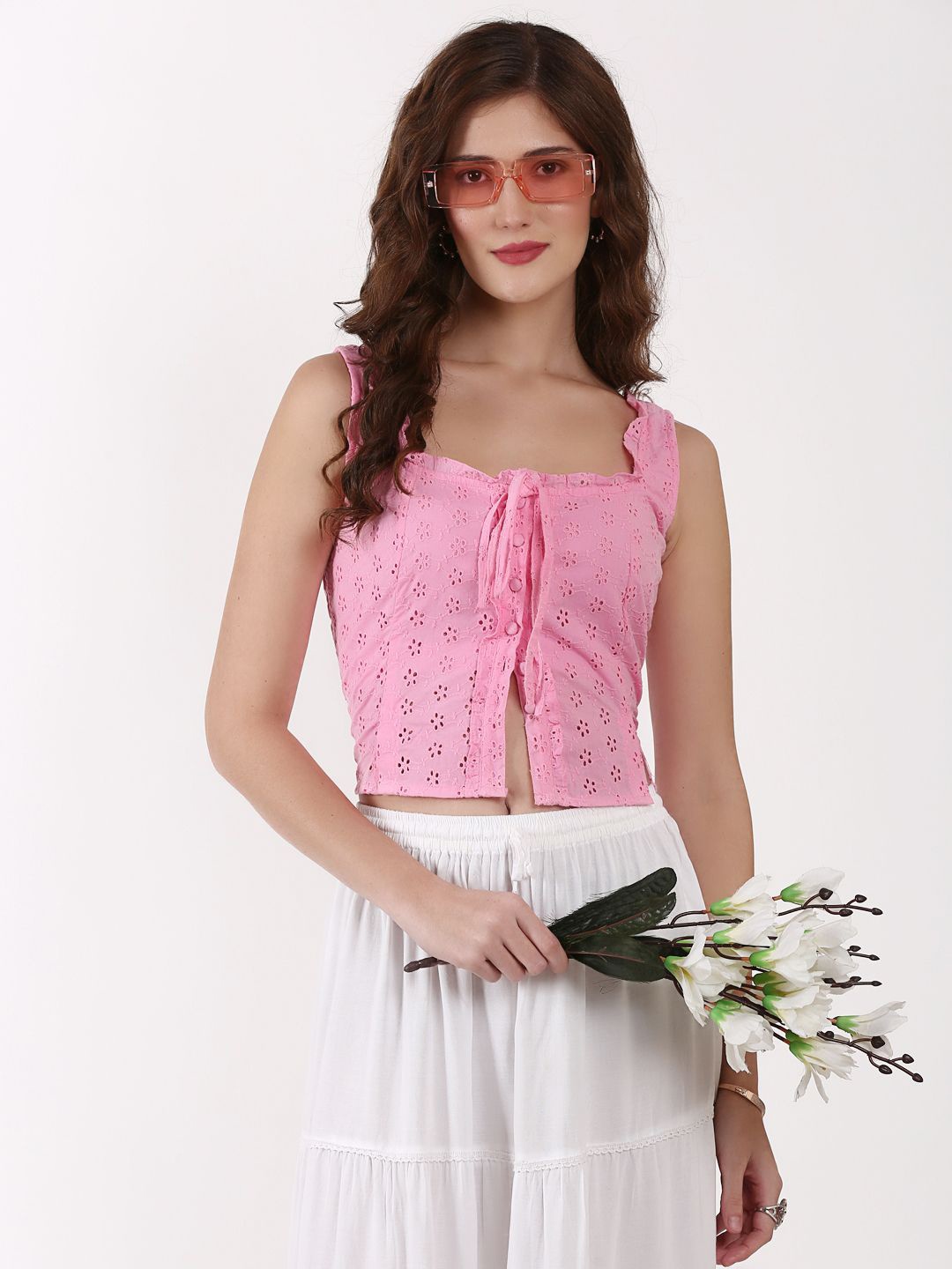 

SIGHTBOMB Self Design Schiffli Square Neck Crop Top, Pink