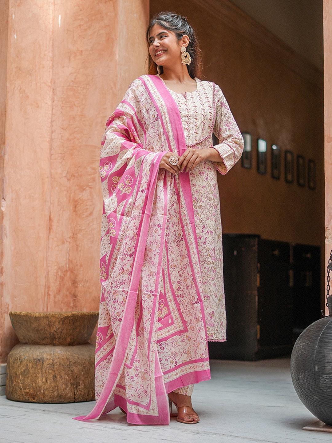 

KALINI Floral Printed Regular Thread Work Pure CottonKurta ,Trousers & Dupatta, Cream