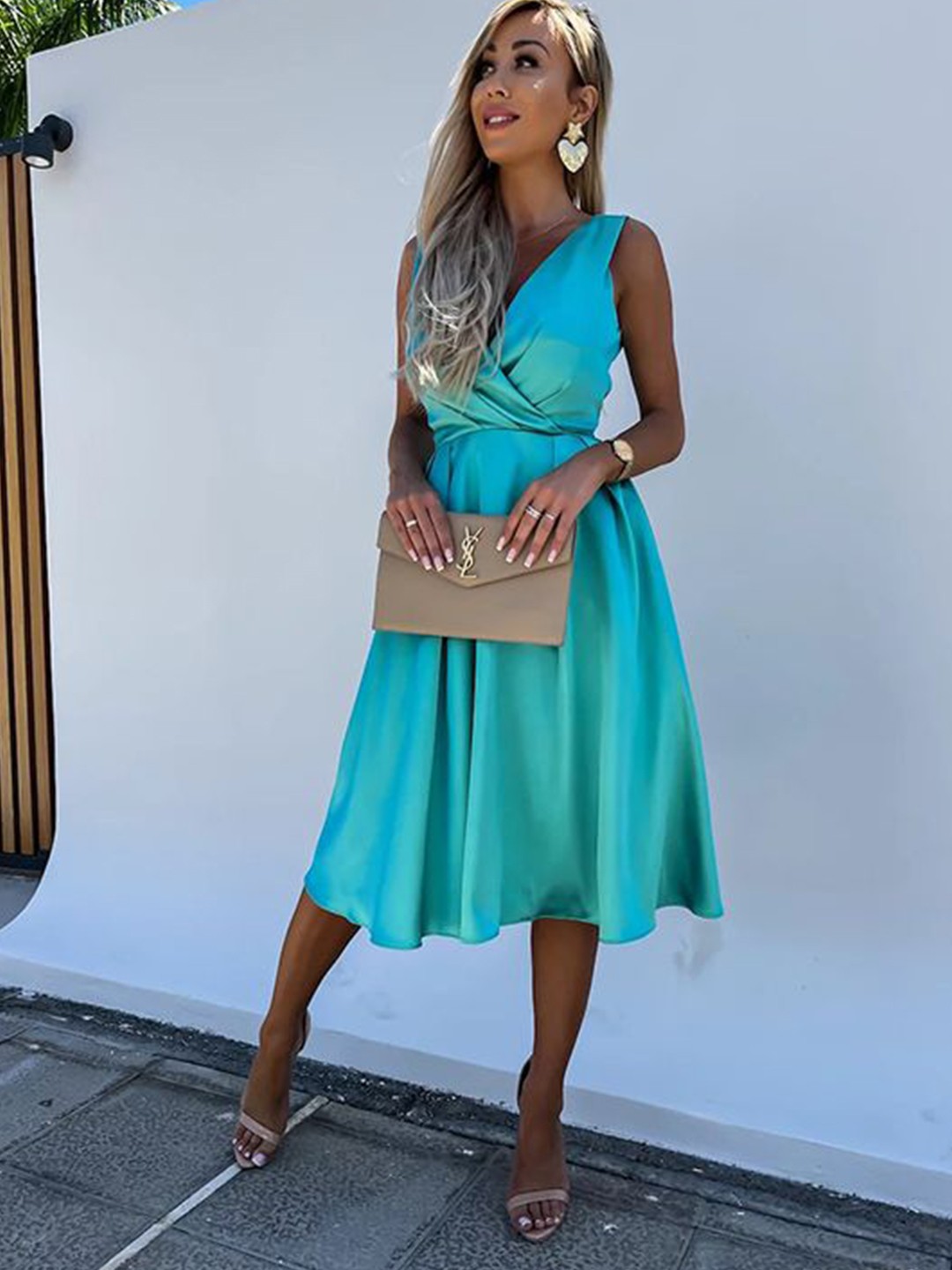 

StyleCast x Revolte V-Neck Sleeveless Wrap Dress, Turquoise blue