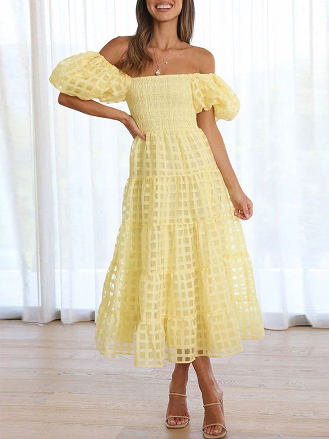 

StyleCast x Revolte Off-Shoulder Puff Sleeve Fit & Flare Midi Dress, Yellow