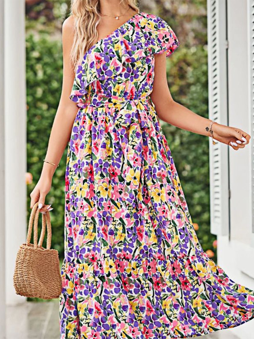 

StyleCast x Revolte Floral Print One Shoulder Layered A-Line Dress, Purple
