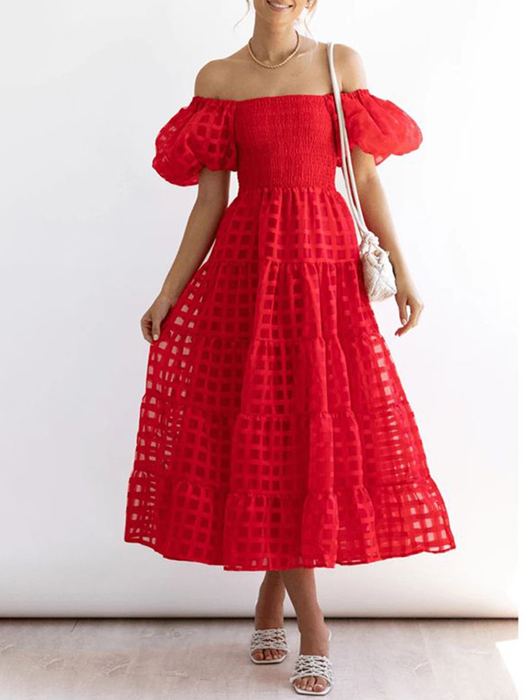 

StyleCast x Revolte Off-Shoulder Layered Fit & Flare Midi Dress, Red
